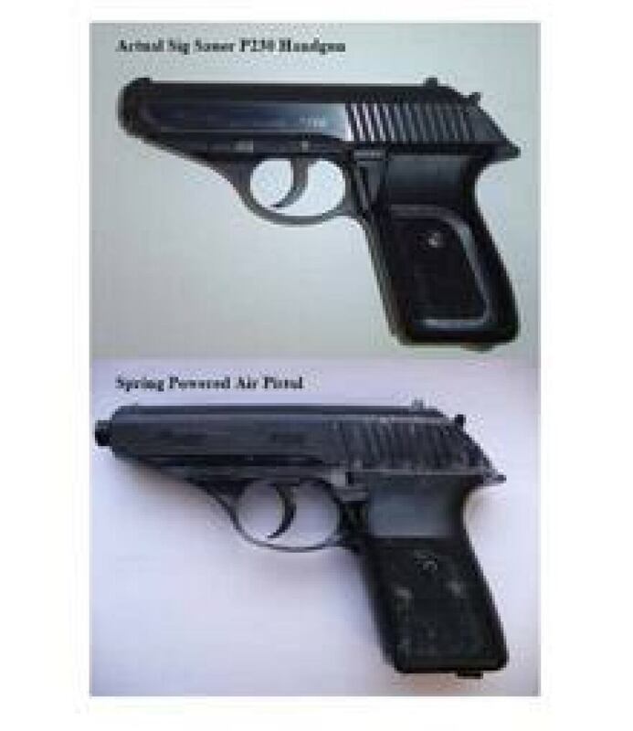 A composite image showing two different guns, the top one a real handgun (text label illegible) and the bottom one the black-painted Airsoft pistol held by the victim.