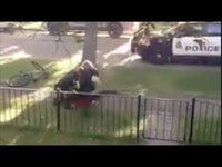 A video shot from a nearby building shows a man restrained facedown on the ground by two police officers, one who appears to have his knee on the man's neck. He is then forced to his feet and dragged to a nearby cruiser. Throughout the video the man cries out in pain and asks the officers to stop.